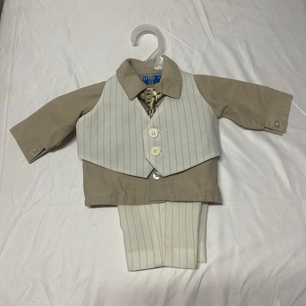 Happy Fella Suit 4 Piece Shirt Pants Vest Tie 0-7 LBS Coming Home EUC Cream Tan